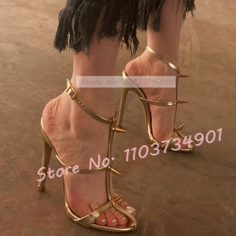 Fashion Women Belt - Gold Metal Rivets Ankle Strap Sandals
