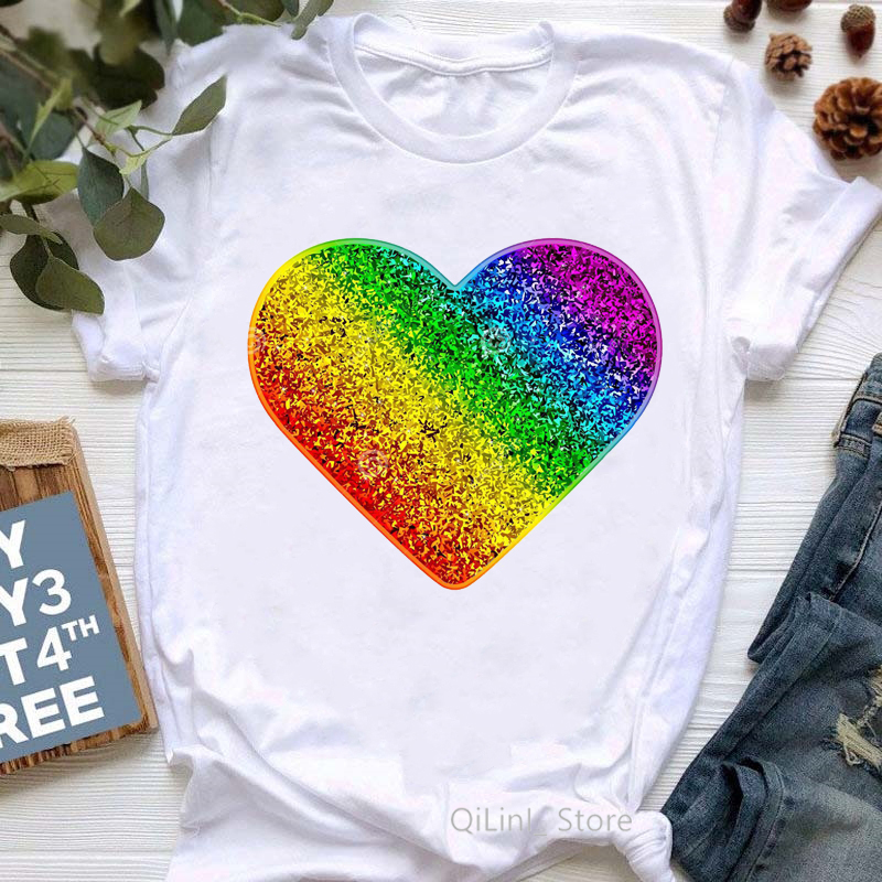 Women'S Fashion From The 90S - Rainbow Heart Print Lgbt T Shirt