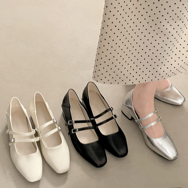 Fashion Women Belt - Square Toe Low Heel Women Silvery