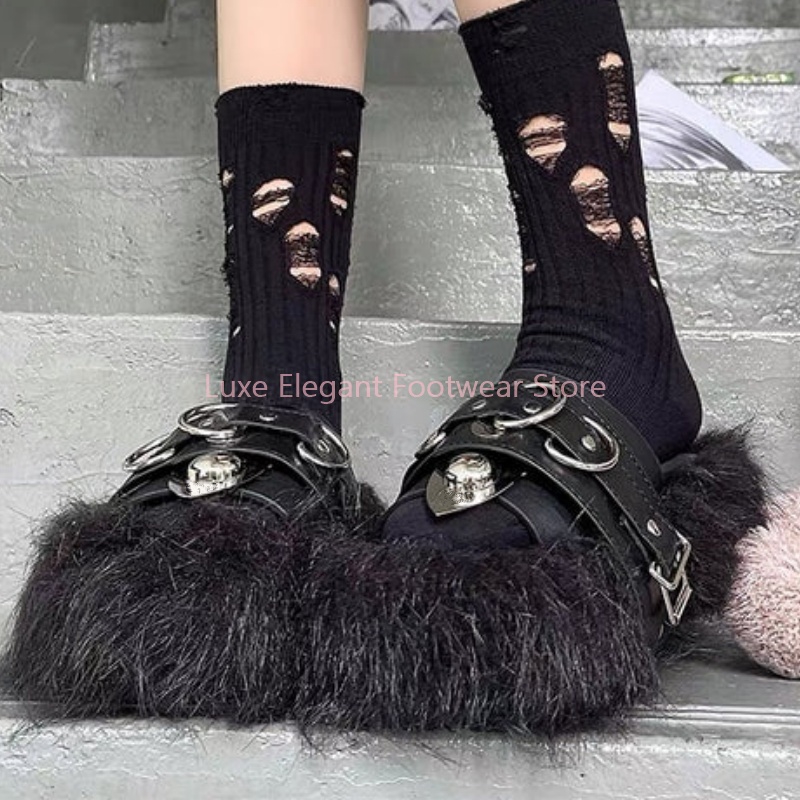 Fashion Women Belt - Black Furry Platform Belt Buckle Peep