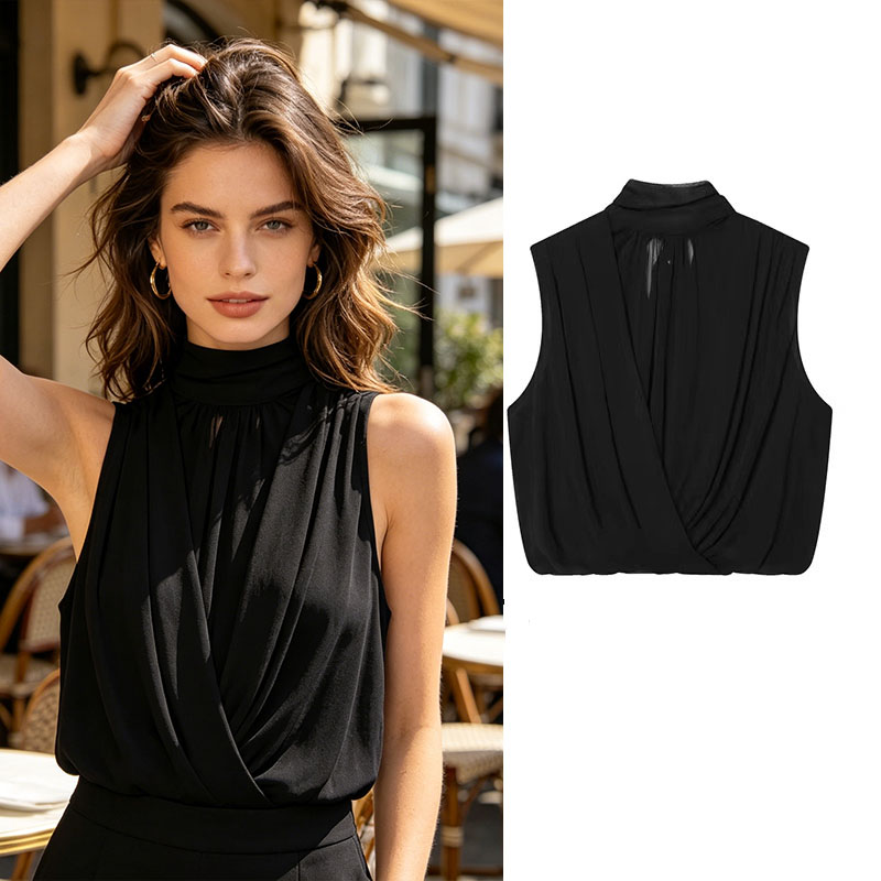 Wrap Blouse Chiffon - Black Draped Front Blouse Women Mock