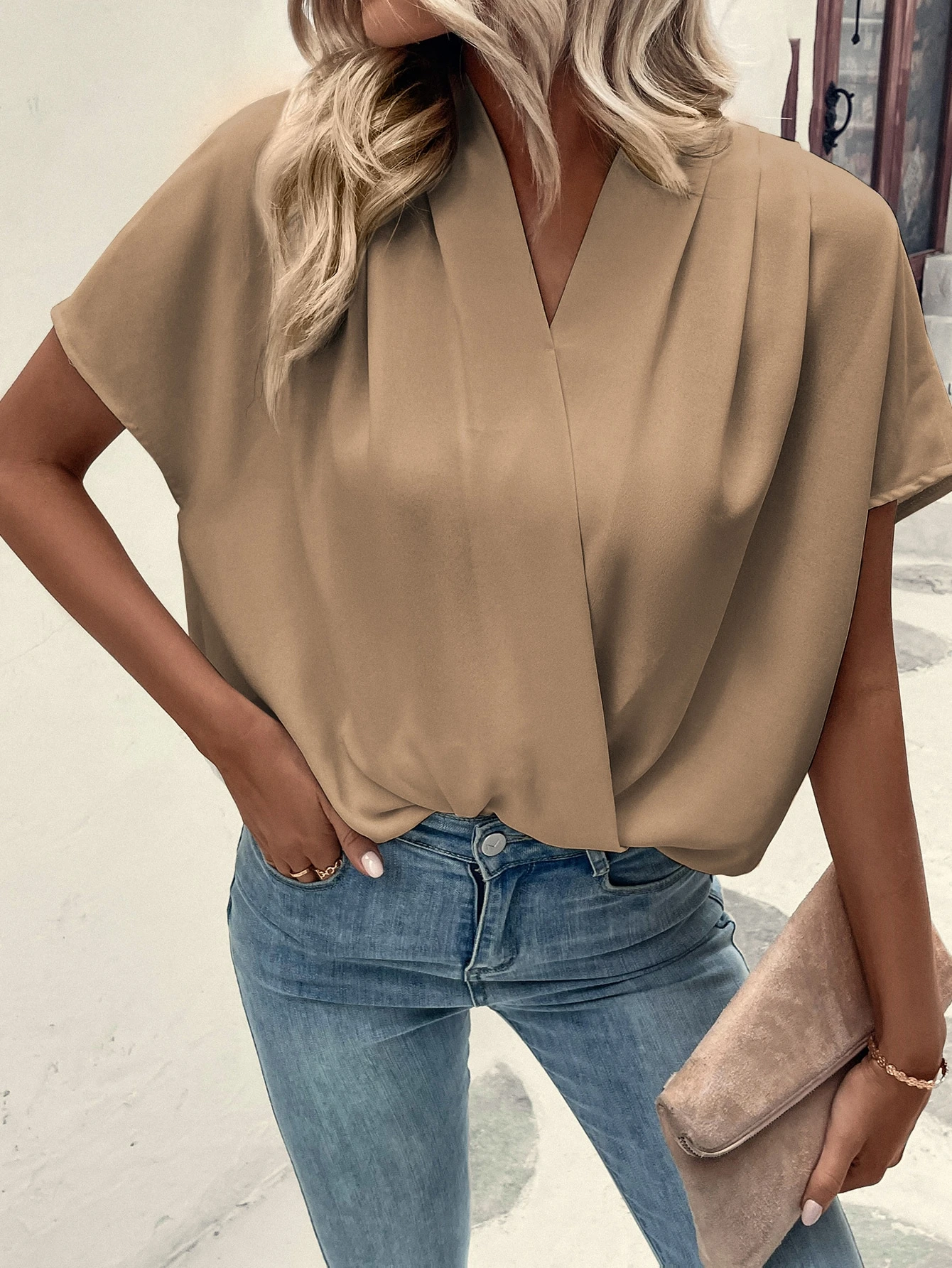 Solid Batwing Sleeve Wrap Blou - Wrap Blouse Chiffon 리뷰 및 가격