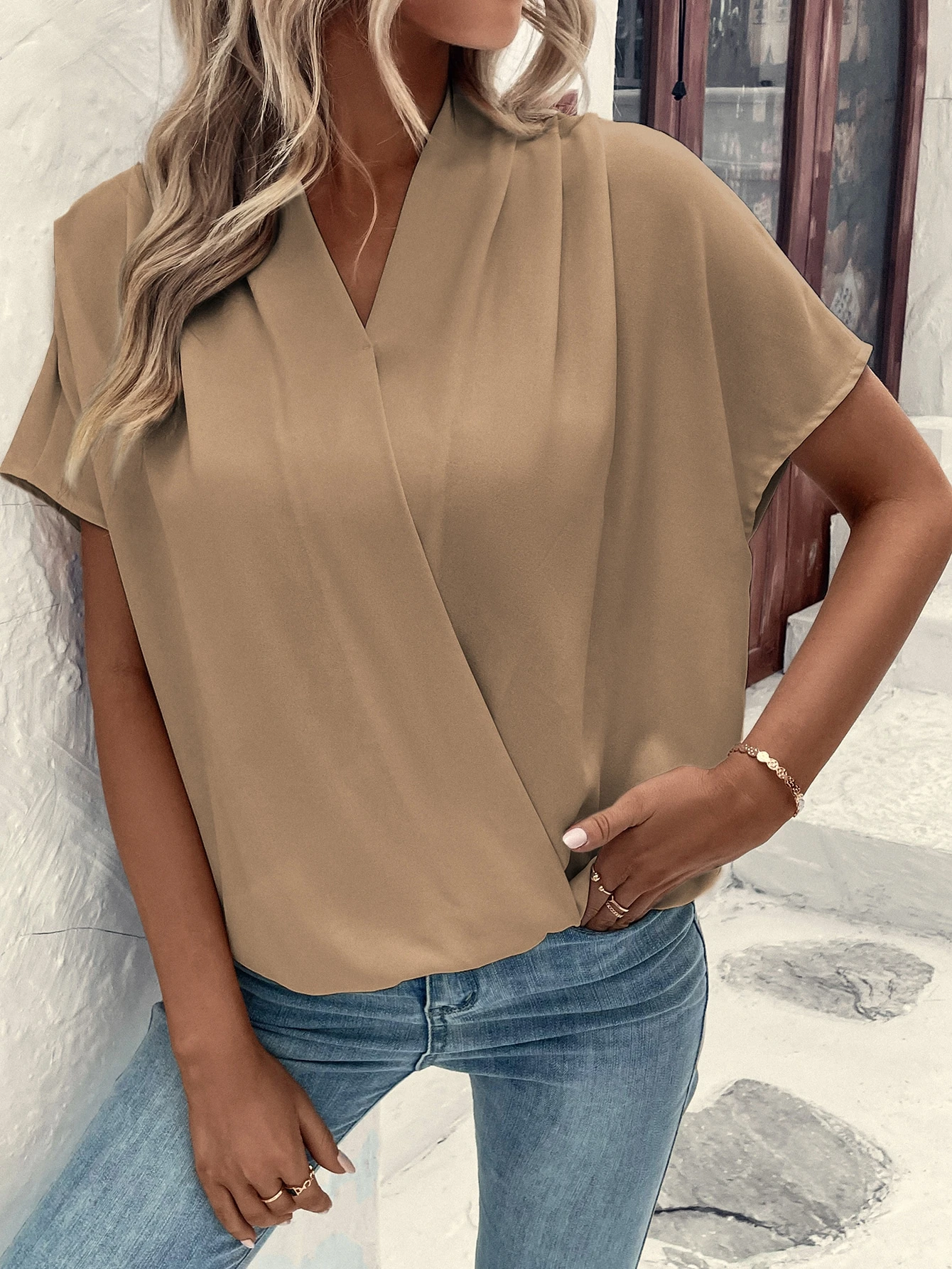 Solid Batwing Sleeve Wrap Blou - Wrap Blouse Chiffon 리뷰 및 가격