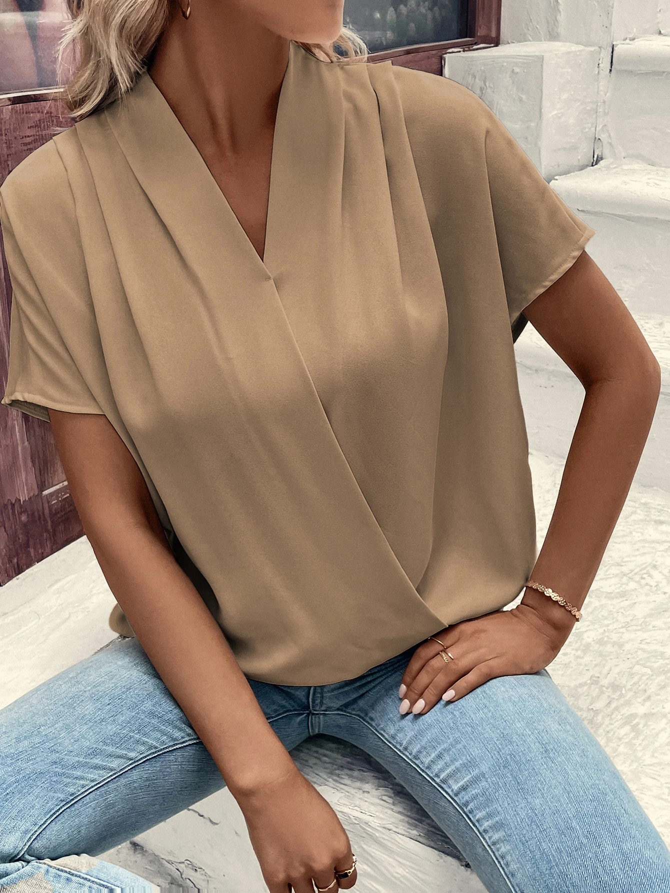 Solid Batwing Sleeve Wrap Blou - Wrap Blouse Chiffon 리뷰 및 가격