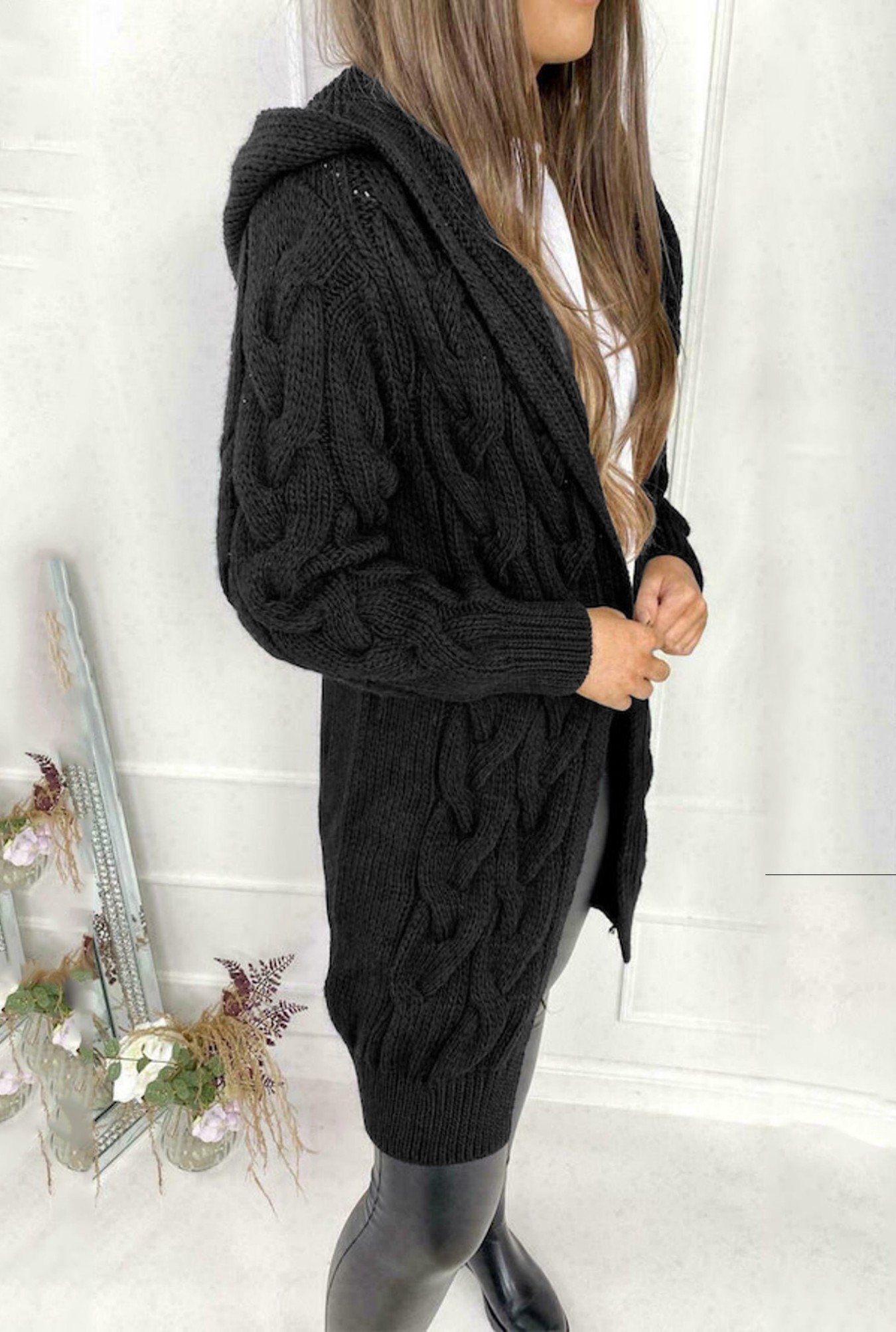 Women's Black Oversized Cable  - Longline Cardigan Knit 리뷰 및 가격