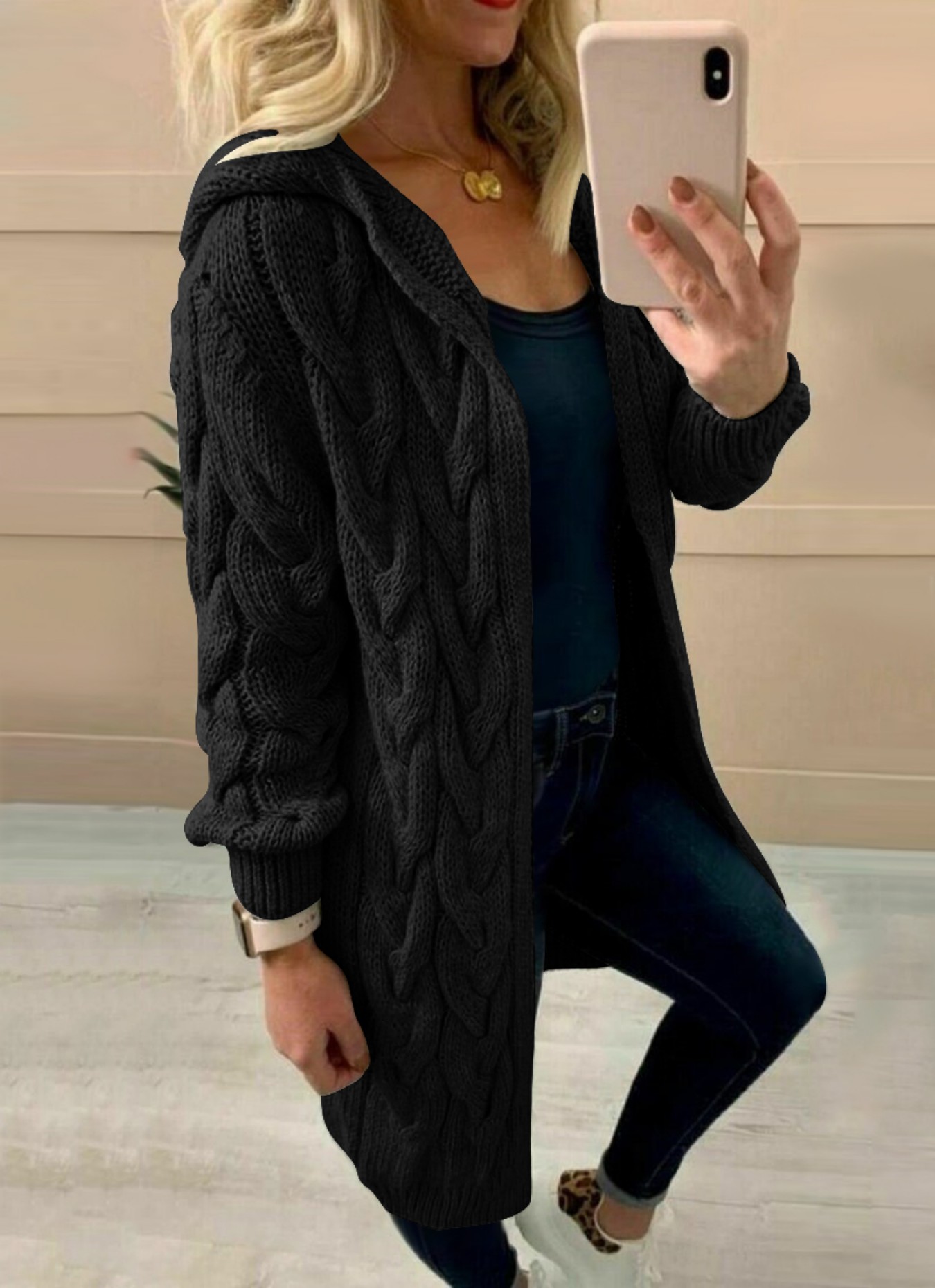 Women's Black Oversized Cable  - Longline Cardigan Knit 리뷰 및 가격