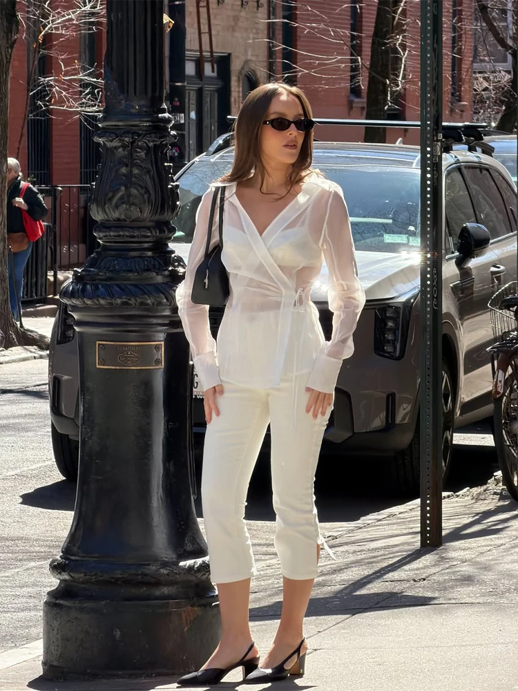 Women's White Sheer V Neck Tie - Wrap Blouse Chiffon 리뷰 및 가격