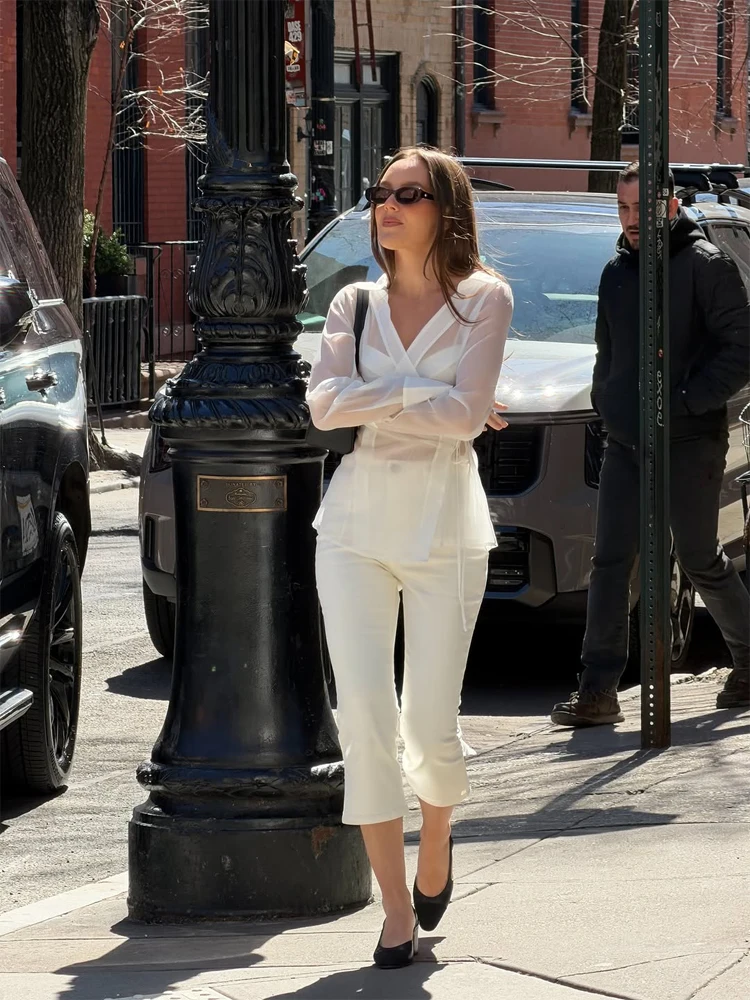 Women's White Sheer V Neck Tie - Wrap Blouse Chiffon 리뷰 및 가격