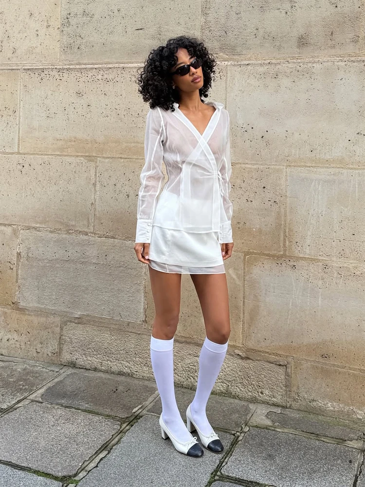 Women's White Sheer V Neck Tie - Wrap Blouse Chiffon 리뷰 및 가격