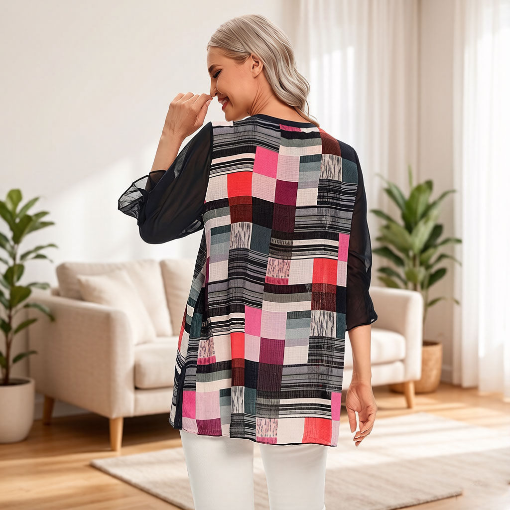 Women Color Block Geometric Pr - Wrap Blouse Chiffon 리뷰 및 가격